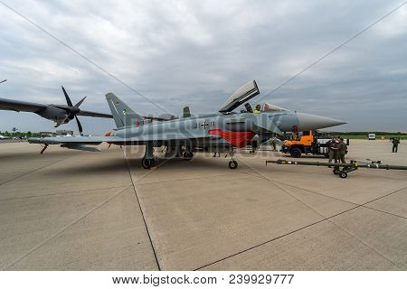 Berlin, Germany - April 25, 2018: Multirole Fighter Eurofighter Typhoon. German Air Force. Exhibitio
