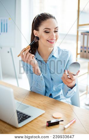 Beauty, Cosmetology, Layabout, Secretary Concept. Close Up Cropped Portrait Of Pretty Brunette Busin