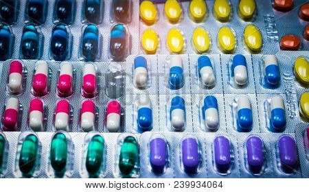 Colorful Of Tablets And Capsules Pill In Blister Packaging Arranged With Beautiful Pattern. Pharmace