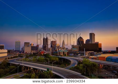 Looking south at the city of Columbus Ohio skyline at sunset.