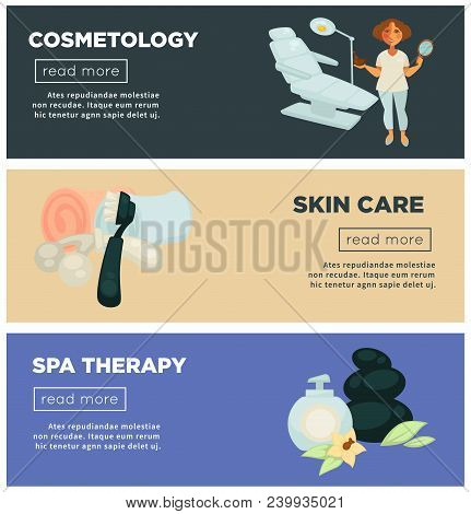 Cosmetology And Spa Therapy For Skincare Promo Internet Banners. Woman Cosmetologist Near Chair For 