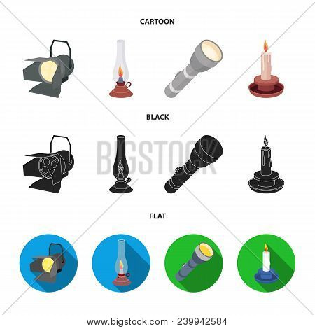 Searchlight, Kerosene Lamp, Candle, Flashlight.light Source Set Collection Icons In Cartoon, Black, 