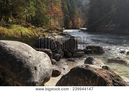 Beautiful Autumn Landscape With River In Austrian Mountains