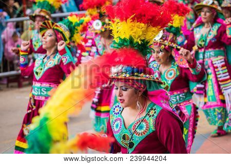 Oruro, Bolivia - February 10, 2018: Dancers At Oruro Carnival In Bolivia, Declared Unesco Cultural W