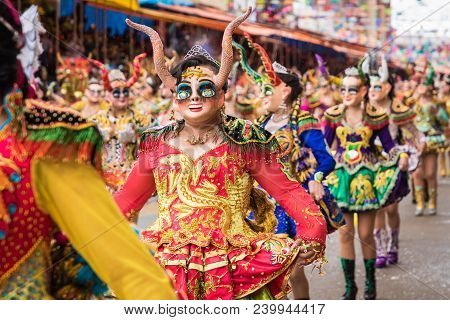 Oruro, Bolivia - February 10, 2018: Dancers At Oruro Carnival In Bolivia, Declared Unesco Cultural W