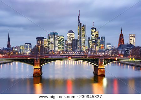 Picturesque View Of Frankfurt Am Main Skyline And Ignatz Bubis Brucke Bridge During Evening Blue Hou
