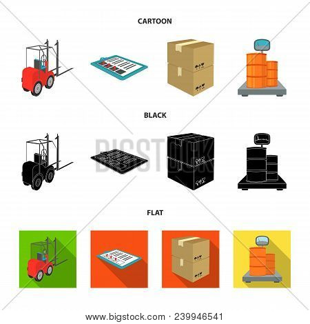 Forklift, Delivery Slips, Packaged Goods, Cargo On Weighing Scales. Logistics And Delivery Set Colle