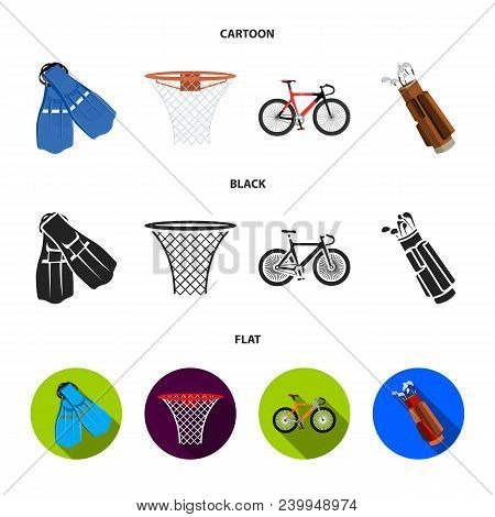 Flippers For Swimming, Basketball Basket, Net, Racing Holograph, Golf Bag. Sport Set Collection Icon