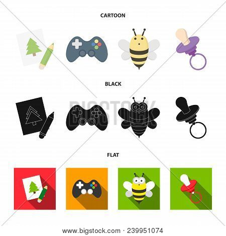 Picture, Dzhostik, Bee, Nipple.toys Set Collection Icons In Cartoon, Black, Flat Style Vector Symbol