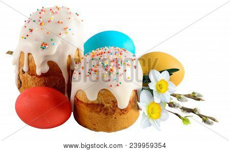 Homemade Easter Cake And Painted Colorful Eggs Isolated On White Background. Easter Composition With