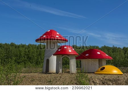 Houses In The Form Of Mushrooms Fly Agaric Forest Glade.