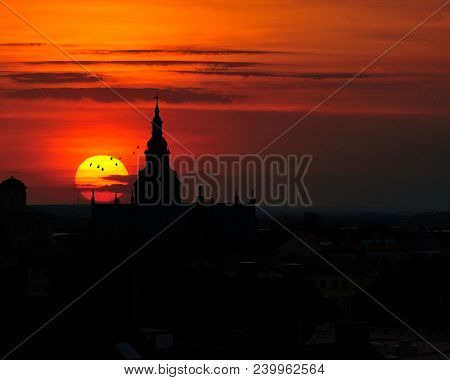Beautiful Sunset Over A City In Sweden.