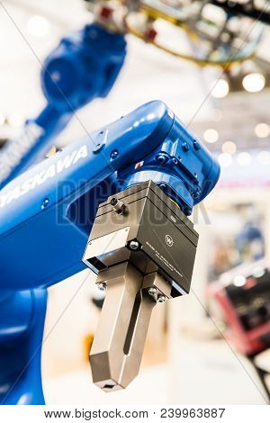 Hannover, Germany - April, 2018: Yaskawa Robot Arm On Messe Fair In Hannover, Germany
