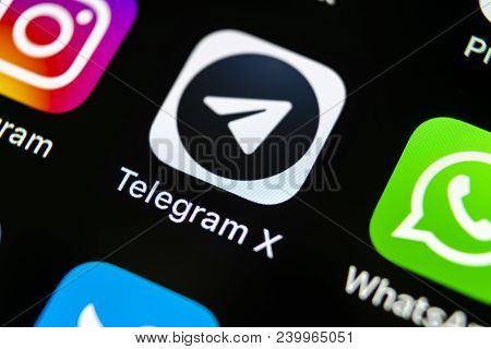 Sankt-petersburg, Russia, May 10, 2018: Telegram X Application Icon On Apple Iphone X Screen Close-u