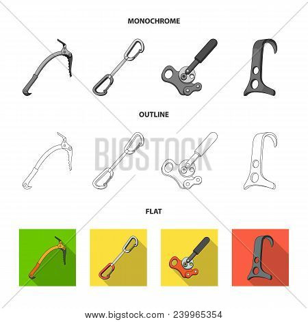 Hook, Mountaineer Harness, Insurance And Other Equipment.mountaineering Set Collection Icons In Flat