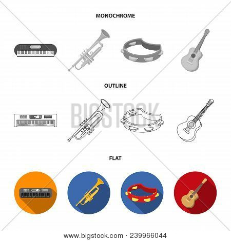 Electro Organ, Trumpet, Tambourine, String Guitar. Musical Instruments Set Collection Icons In Flat,