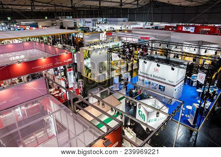 Hannover, Germany - April, 2018: Visitors In Exhibition Stands And Booths On Messe Fair In Hannover,