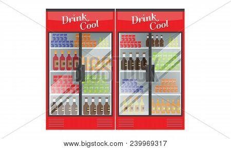 Refrigerated Supermarket Display Case Full With Multiple Drinks And Beverages. Illustrated Vector Fo