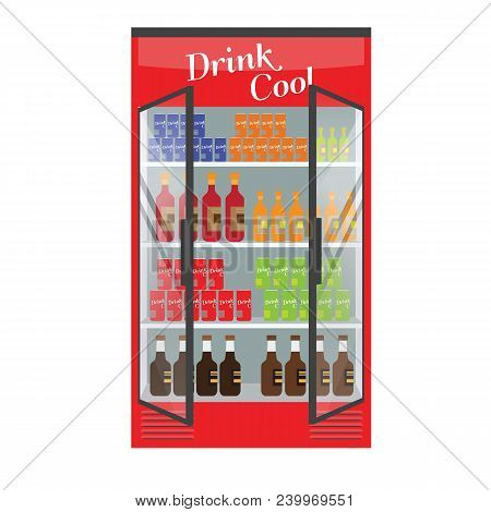 Refrigerated Supermarket Display Case Full With Multiple Drinks And Beverages. Illustrated Vector Fo