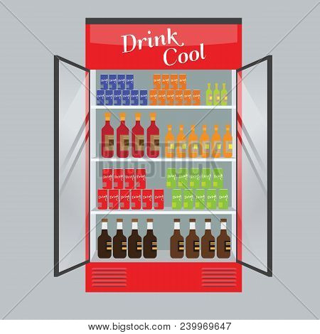 Refrigerated Supermarket Display Case Full With Multiple Drinks And Beverages. Illustrated Vector Fo