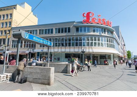 Berlin Germany - April 20. 2018: People Walking Near Wilmersdorfer U-bahn Train Station
