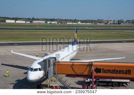 Berlin Germany - April 21. 2018: Lufthansa Airbus A321 At The Gate Of Berlin Tegel Airport