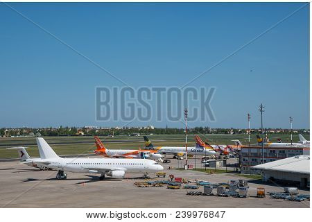 Berlin Germany - April 21. 2018: Airplanes At The Terminal At Berlin Tegel Airport