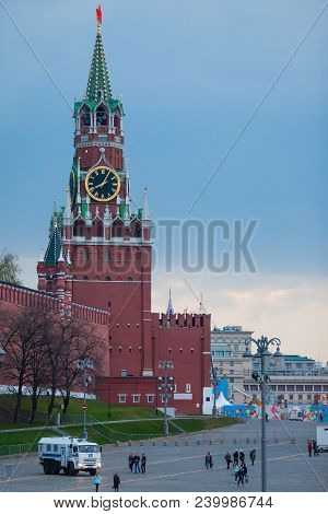 Moscow, Russia - April 30, 2018: View Of The Spasskaya Tower Of The Moscow Kremlin And The Bolshoy M