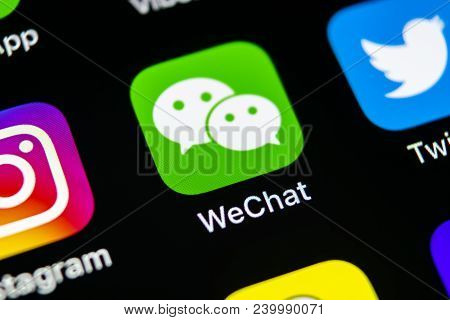 Sankt-petersburg, Russia, May 10, 2018: Wechat Messenger Application Icon On Apple Iphone X Smartpho