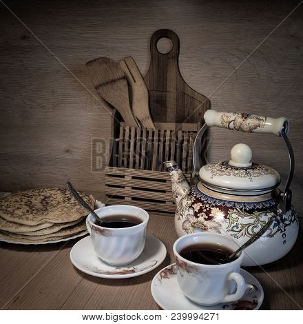 Two Mugs Of Hot Tea, Tea And Pancakes