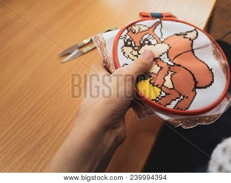 Girl Cross Stitch Embroidery Image Of Squirrels