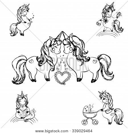 Set Of Cute Unicorns, Hand Drawn Isolated On White Background
