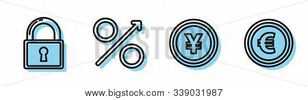 Set Line Coin Money With Yen Symbol, Lock, Percent Up Arrow And Coin Money With Euro Symbol Icon. Ve