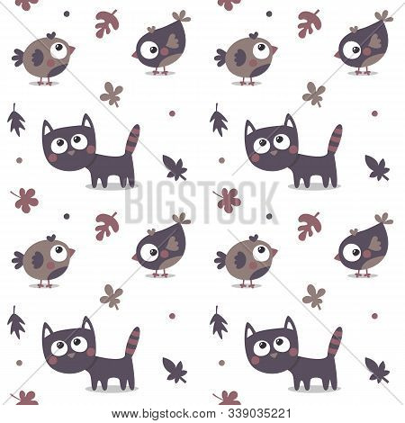 Seamless Animal Autumn Pattern Made With Cat, Bird, Flower, Plant, Leaf
