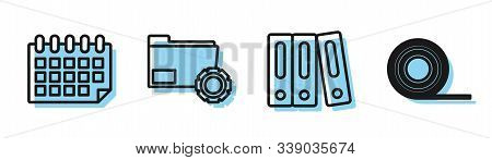 Set Line Office Folders With Papers And Documents, Calendar, Folder Settings With Gears And Scotch I