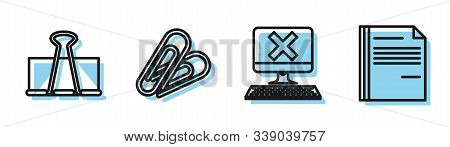 Set Line Computer With Keyboard And X Mark, Binder Clip, Paper Clip And File Document Icon. Vector