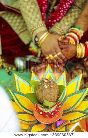 Traditional Indian Wedding Ceremony, Decorative Coper Kalash With Green Leaf And Coconut ,groom Hold
