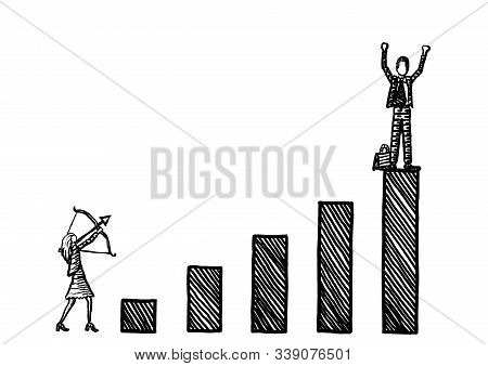Freehand Drawing Of Business Woman Taking Aim With Bow And Arrow At Winning Male Rival Atop A Growth