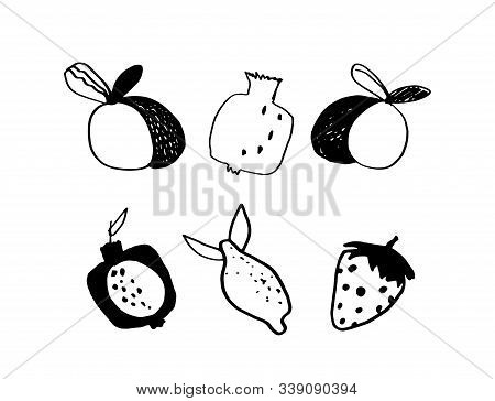 Set Summer, Juicy, Ripe Fruits Pomegranate,strawberry,peach, Lemon Isolated On White Background In D