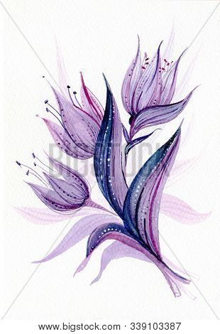 Purple Tulips. Watercolor Decorative Illustration On A White Background.