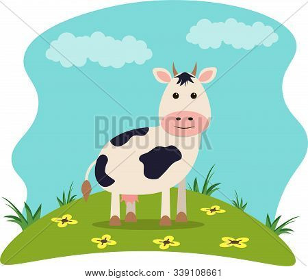 Vector Illustration Of Farm Animals With Landscape - Cute Cow In Cartoon Style.