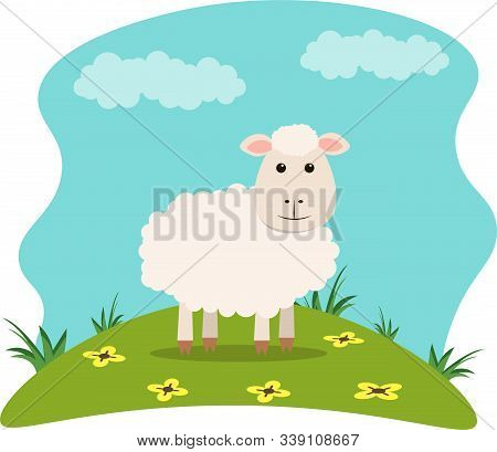 Vector Illustration Of Farm Animals On Landscape Background - Cute Sheep In Cartoon Style.