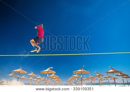 Brazilian Slackline Above Ipanema Beach Rio De Janeiro Brazil