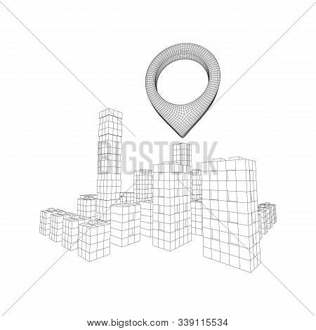 Geo Map Pin On Mesh Low Poly Wireframe Cubes Array Like Skyscraper City. Connected Lines Town. Conne