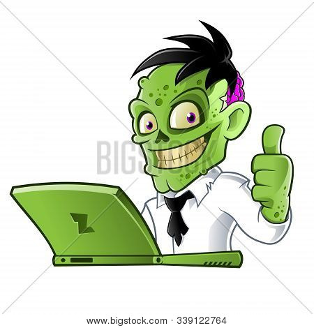 Zombie Business Cartoon Character With Laptop Showing Thumb Up Sign
