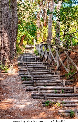 Endless Curved Wooden Logs Steps With Crossed Logs Railings In The Forest Of Numana Surroundings In 
