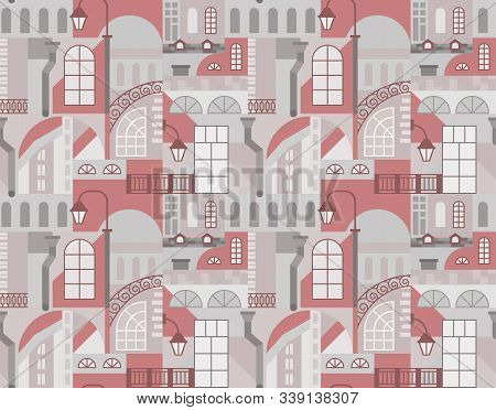 Europe Old Town. Geometric Art Mosaic With Buildings Elements. Seamless Pattern. Vector Illustration