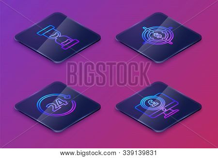 Set Isometric Line Old Hourglass With Flowing Sand, Clock 24 Hours, Target With Dollar Symbol And Co