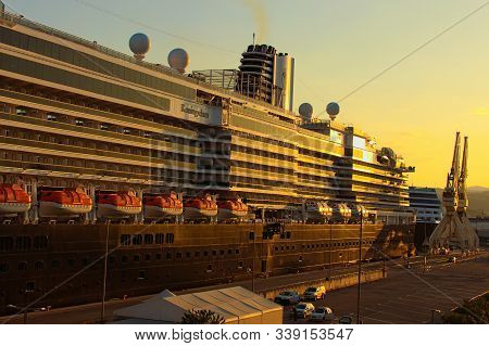 Koper, Slovenia-september 29, 2019: Close Up View Of Huge Luxury Cruise Ship Glides Out Of The Port 