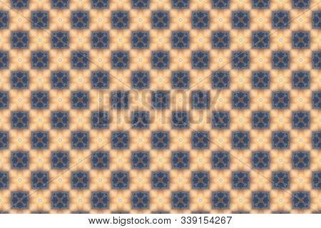 Tile Background Pattern With Symmetric Ornament Of Blue And Beige Squares. Geometric Seamless Design